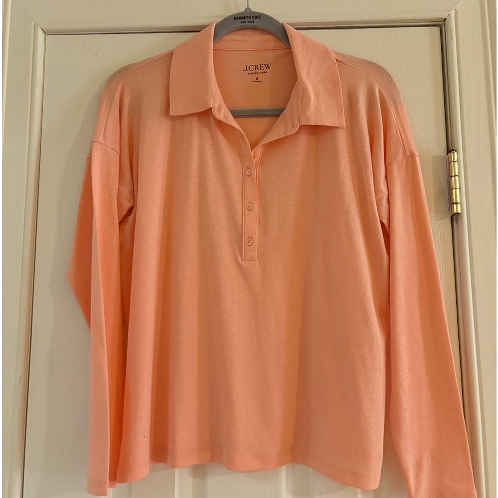 J. Crew long-sleeve stretch linen-blend polo shirt in Peach